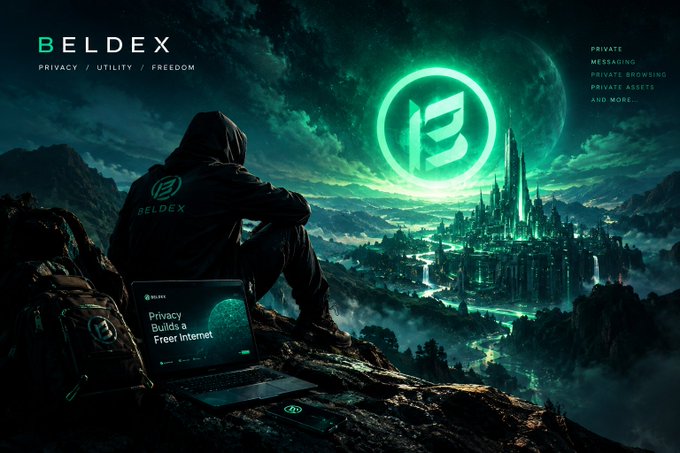 A promotional graphic for 'BELDEX' advertises 'Privacy / Utility / Freedom' with a hooded figure overlooking a futuristic green cityscape, featuring text like 'Privacy Builds a Freer Internet' and 'Private Browsing, Private Assets and More.'