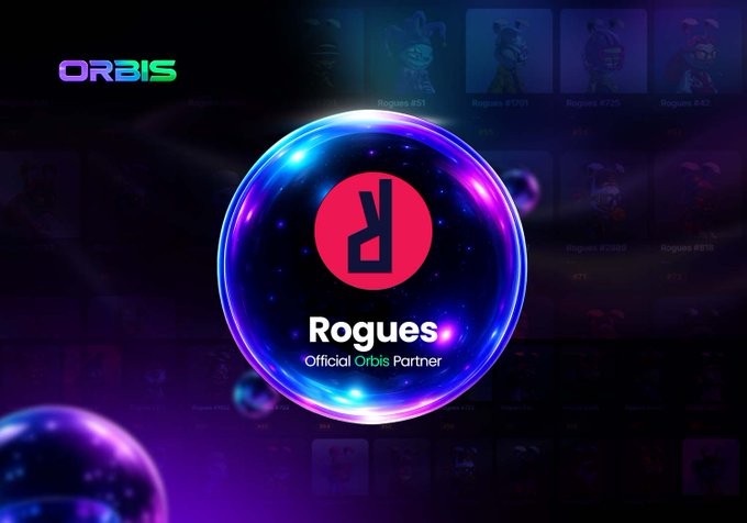 A glowing purple and blue orb features a red circular logo with "Rogues" branding and the text "Official Orbis Partner," set against a backdrop of Rogues NFT character cards. The image visually represents the new partnership announcement, showcasing Rogues NFT as an official marketplace partner on Orbis.