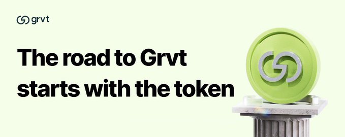 A Grvt promotional graphic with the Grvt logo and the headline “The road to Grvt starts with the token,” beside a large green Grvt coin resting on a classical pedestal.
