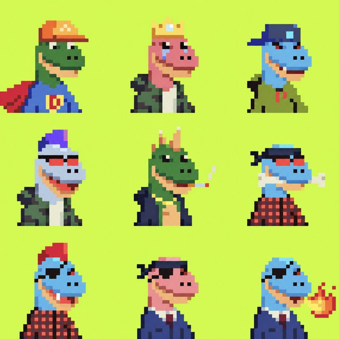 A grid of nine pixel-art dinosaur characters, mostly depicted in cool 'thug life' poses with sunglasses, hats, and cigarettes against a bright green background.