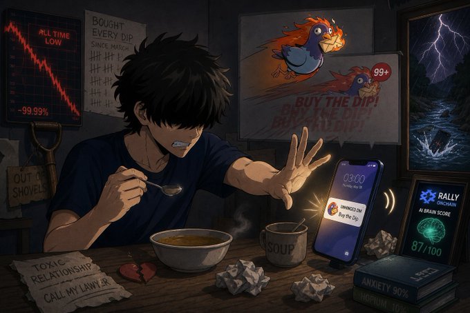 An anime-style digital illustration depicting a distressed man eating soup in a dark room, with a smartphone showing a 'Buy The Dip' notification, and surrounding imagery of stock market crashes and slogans like 'BUY THE DIP!'.