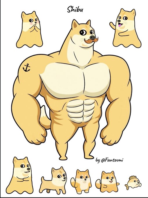 An illustration by @Funtoumi showing a muscular version of the Shiba Inu dog meme in the center, surrounded by various smaller, cute Shiba poses.