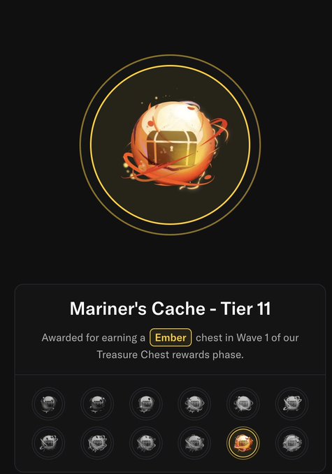 A digital reward screen displaying a glowing orb titled 'Mariner's Cache - Tier 11', awarded for earning an 'Ember' chest in Wave 1 of a Treasure Chest rewards phase, with a row of tier icons below.