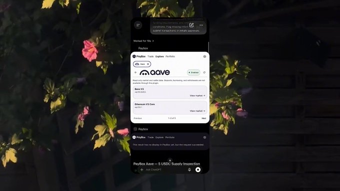 A mobile phone screen displaying a PayBox Aave transaction result showing 'PayBox Aave — 5 USDC Supply Inscription' overlaid on a background of flowers.