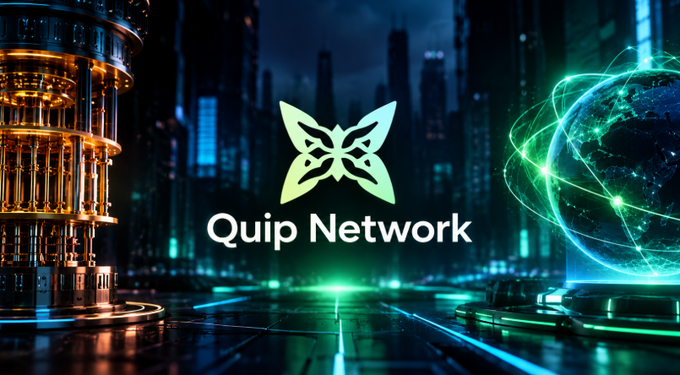 A digital graphic displays the logo and text 'Quip Network' against a futuristic cityscape background with glowing green and blue elements.