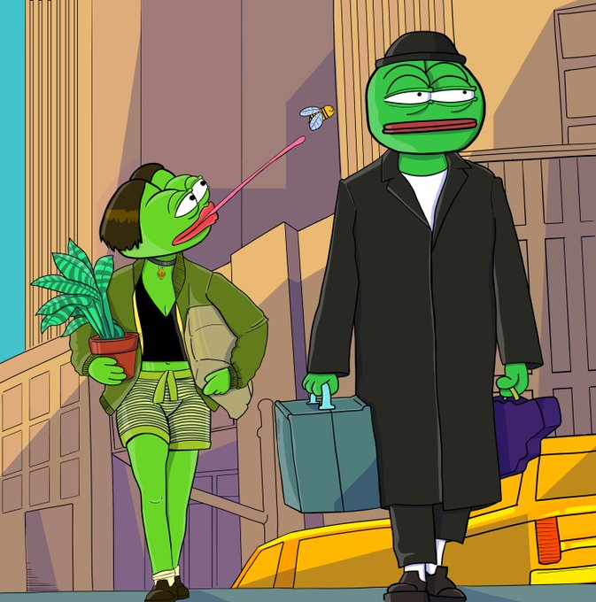 A green Pepe-style frog character with a long pink tongue stretches across the image to lick a fly, while a taller, deadpan frog in a black trench coat and beanie stands rigidly holding a briefcase—visually embodying the "have a good day and do something ridiculous" sentiment through their absurd, chaotic juxtaposition in a city street scene.