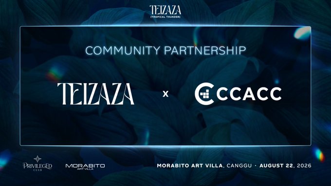 A promotional banner announcing a 'Community Partnership' between TELZANA and CCACC, scheduled for Morabito Art Villa, Canggu on August 22, 2026.
