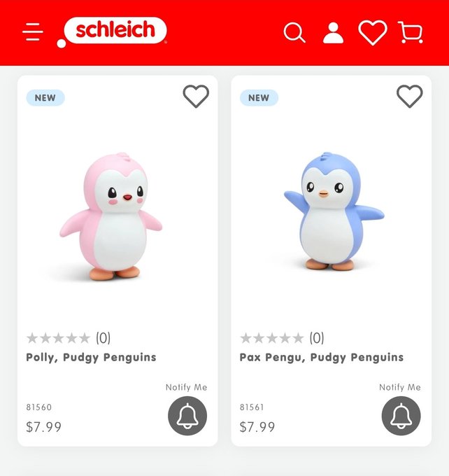 A Schleich product page displaying two new penguin figurines—Polly (pink, $7.99, item 81560) and Pax (blue, $7.99, item 81561)—both from the Pudgy Penguins line, available via 'Notify Me'.