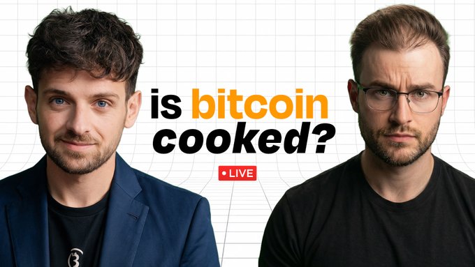 A promotional graphic for a live stream titled "is bitcoin cooked?" featuring two men pictured against a grid-pattern background, with a red "LIVE" indicator displayed beneath the headline. The image aligns with the post's announcement of a Thursday 4PM EST live discussion with Joe Consorti about Bitcoin's future challenges.
