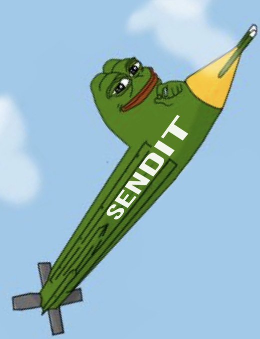 A meme of a sad Pepe the Frog strapped to a green missile with the word 'SENDIT' written on it, flying through a blue sky.