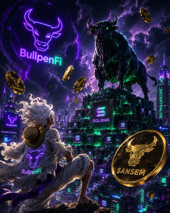 A promotional graphic for 'BullpenFi' cryptocurrency, featuring a glowing bull statue atop a futuristic cityscape with Solana branding and '$ANSEM' gold coins.