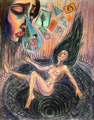 A surreal artistic painting depicting a nude figure emerging from a dark spiral, with abstract geometric shapes and colorful imagery scattered in the background.