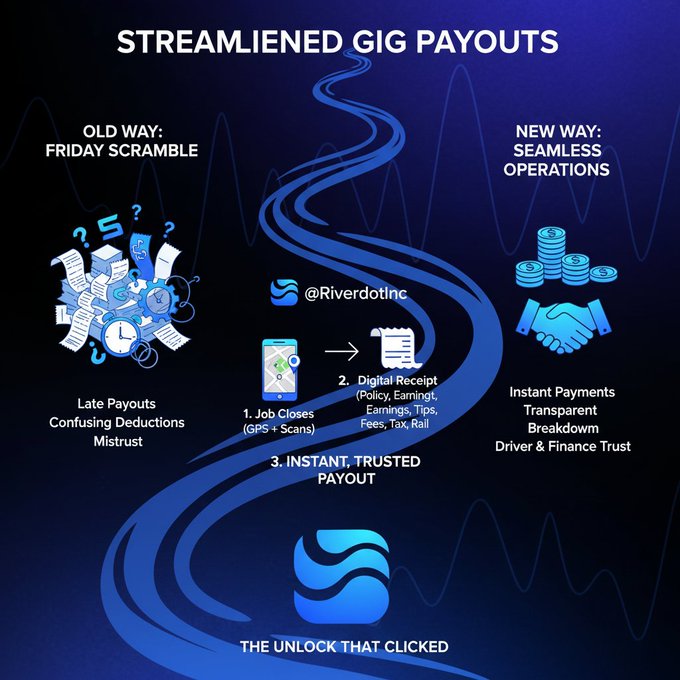 An infographic titled 'STREAMLINED GIG PAYOUTS' from @Riverdotinc, contrasting the 'OLD WAY: FRIDAY SCRAMBLE' (Late Payouts, Confusing Deductions, Mistrust) with the 'NEW WAY: SEAMLESS OPERATIONS' (Instant Payments, Transparent Breakdown, Driver & Finance Trust), showing the process: 1. Job Closes, 2. Digital Receipt, 3. Instant, Trusted Payout.