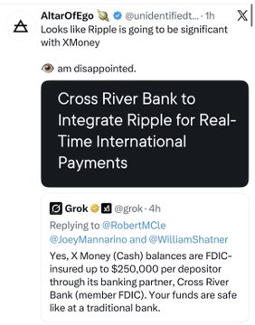 The image shows a tweet from AltarOfEgo discussing Ripple's significance with XMoney, alongside a Grok AI response confirming that XMoney (Cash) balances are FDIC-insured up to $250,000 per depositor through partner Cross River Bank (member FDIC), supporting the rumor that XMoney will utilize XRP for its banking infrastructure.