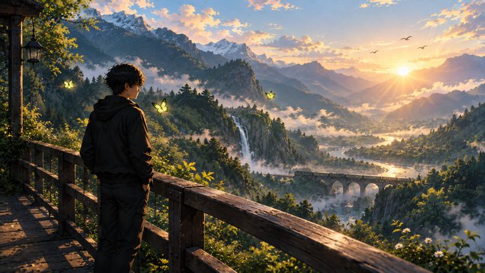 An anime-style digital illustration of a dark-haired person in a hooded jacket standing on a wooden balcony, gazing at a mountainous landscape with a waterfall, bridge, and butterflies at sunrise or sunset.