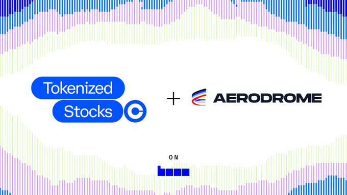 A graphic with logos reading "Tokenized Stocks" and "AERODROME", with the text "ON" between them, set against a background of blue and purple vertical bars.