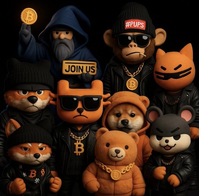 A group of stylized cartoon characters, including dogs and monkeys wearing sunglasses, beanies (#PUPS), and gold chains with Bitcoin symbols, pose together in a dark setting.
