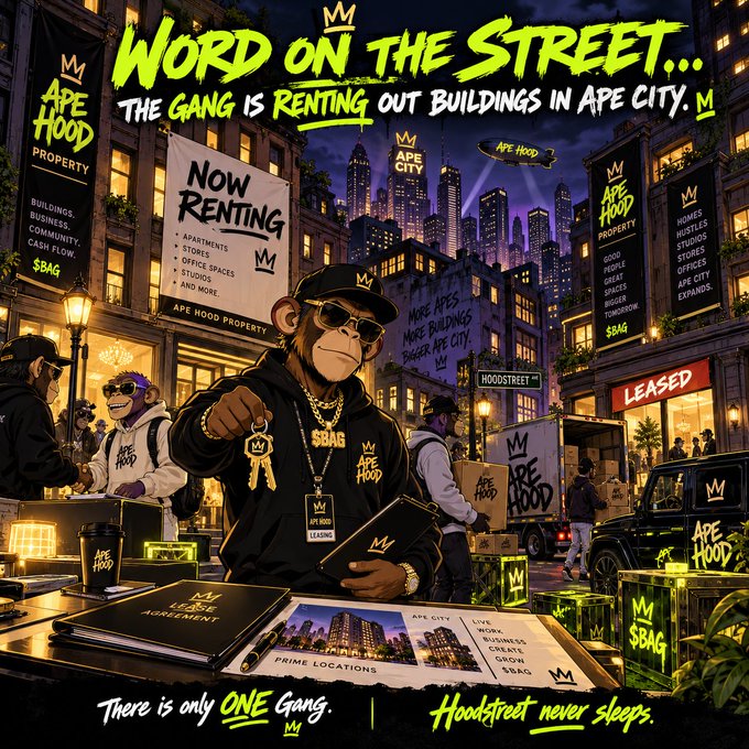 An illustrated promotional image titled 'Word on the Street...' showing apes in a city setting advertising 'Ape Hood Property' with buildings now renting and Hoodstreet never sleeping.