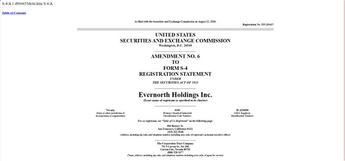 The image shows the cover page of Amendment No. 6 to Form S-4 Registration Statement filed by Evernorth Holdings, Inc. with the SEC on August 11, 2025 (Registration No. 333-294417), supporting the accompanying post about the company's Nasdaq listing plan through its merger with Armada Acquisition Corp. II under ticker $XRPN.
