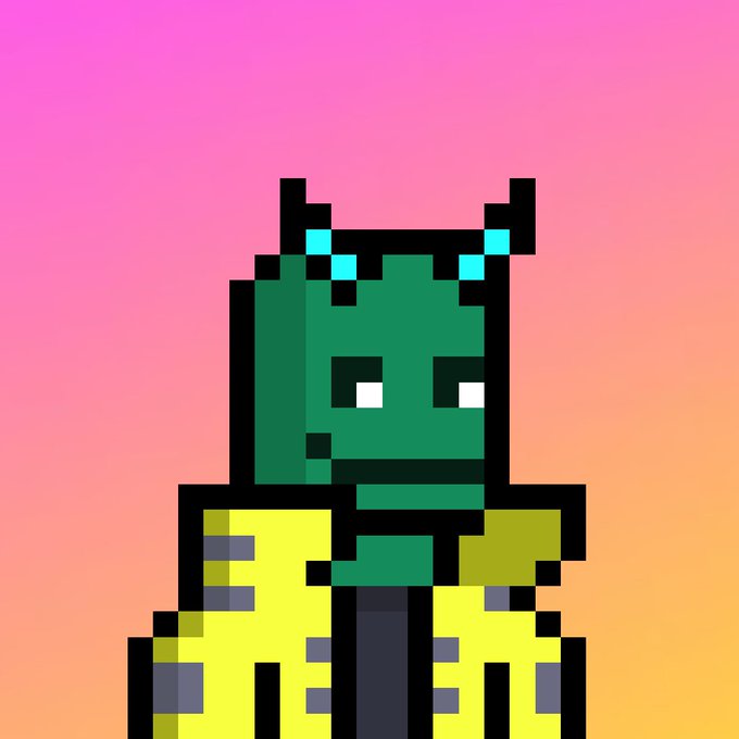 A pixel art character with green skin, small black horns, and a yellow jacket is depicted against a pink-to-yellow gradient background.