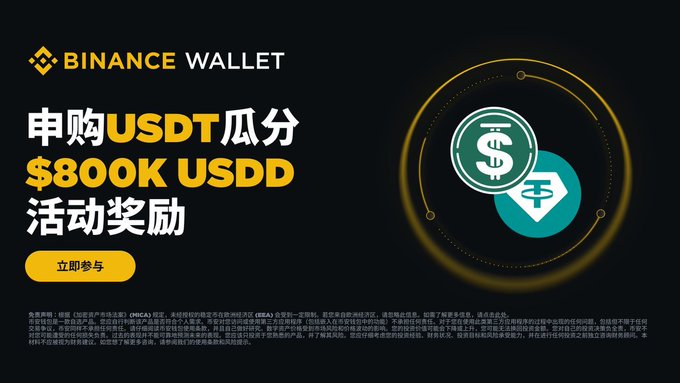 The image shows a black background with the text "币安钱包近日推出 USDD 第六季活动总奖励池为 80万美元等值 USDD" in white letters. The text indicates that the Bitcoin Wallet is offering a rate of $800k USDD, with this being accepted by Chinese banks and other financial institutions. Additionally, there are two Bitcoins depicted on the screen, one blue and another green, which could be used as investment tokens for trading or mining Bitcoin.