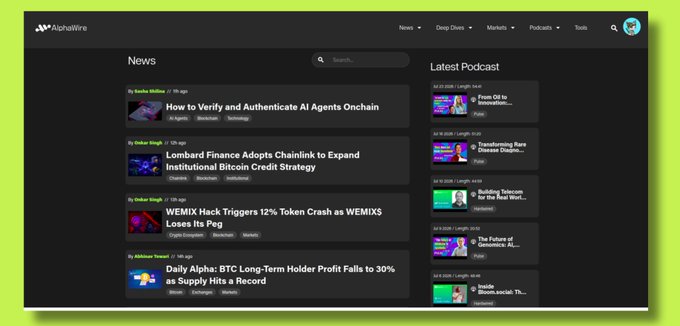 A screenshot of the AlphaWire website displaying crypto news headlines including "How to Verify and Authenticate AI Agents Onchain," "Lombard Finance Adopts Chainlink," "WEMIX Hack Triggers 12% Token Crash," and "Daily Alpha: BTC Long-Term Holder Profit Falls to 30%."