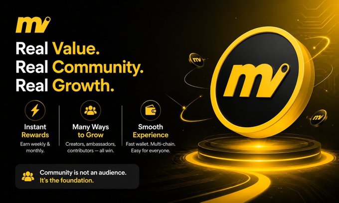 A promotional graphic for a crypto/community platform featuring the 'MV' logo with text: 'Real Value. Real Community. Real Growth. Instant Rewards, Many Ways to Grow, Smooth Experience.'