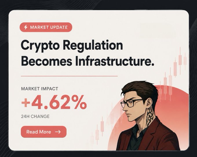 A market update graphic titled "Crypto Regulation Becomes Infrastructure" showing a +4.62% 24H change, featuring an illustrated man with glasses and a stock chart background.