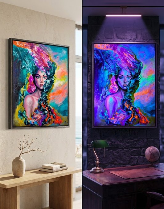 A side-by-side comparison shows the same colorful portrait painting of a woman displayed in two different settings: a warmly lit room on the left and a dark room illuminated by blacklight on the right, demonstrating the artwork's fluorescent qualities.
