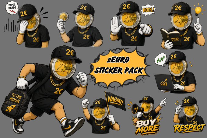 A cartoon sticker pack features an anthropomorphic 2 Euro coin character in various poses wearing black streetwear with gold chains and a "2€" cap, with text bubbles and labels including "PAPER HANDS," "HODL," "WAGMI," "BUY MORE," "TO THE MOON," "RESPECT," "2€URO STICKER PACK," and a book titled "DYOR." The image directly relates to the post as a creative contest submission, showcasing a unique crypto/meme-themed design using the 2 Euro coin as the central mascot to engage the contest audience.