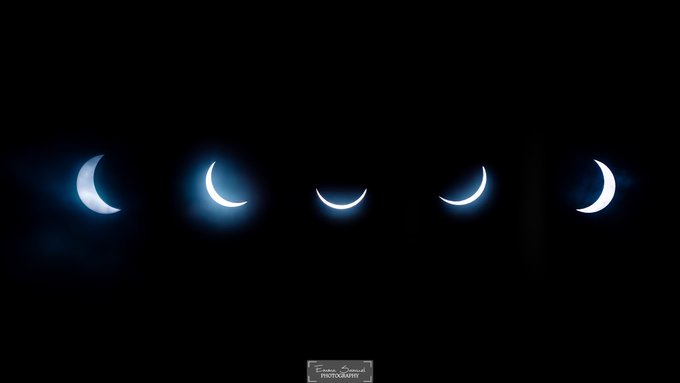 A photographic sequence showing the phases of a solar eclipse with five crescent-shaped images of the sun against a dark sky.