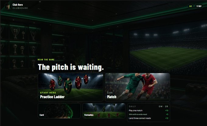 The main menu of Club Hero Clubhouse shows the headline 'The pitch is waiting' with options for 'Practice Ladder' and 'Match' visible.