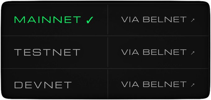 Dark interface menu listing MAINNET, TESTNET, and DEVNET network options, with MAINNET checked and all via Belnet.