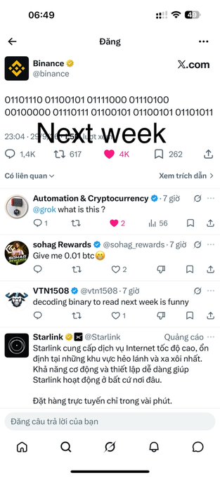A mobile screenshot of the X (formerly Twitter) app showing the official @binance account posting binary code with the large overlaid text 'Next week', followed by replies asking what it means.