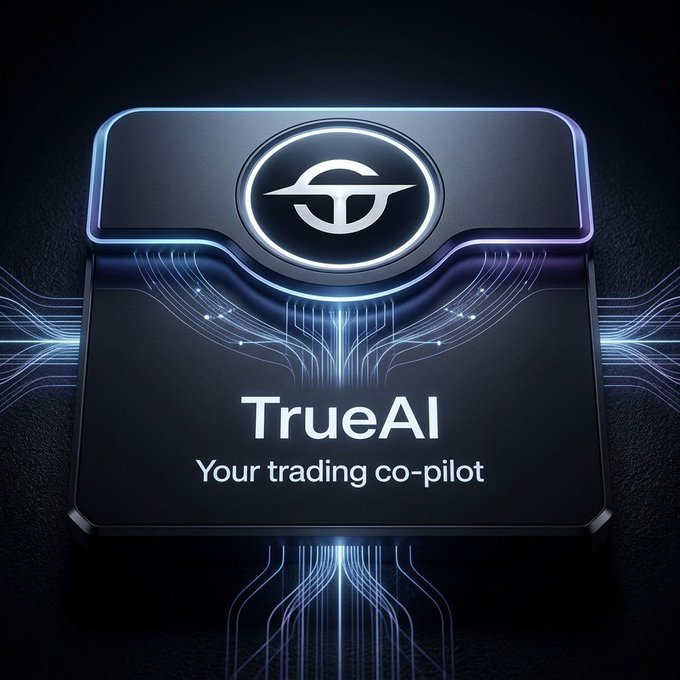 A sleek digital logo graphic for 'TrueAI' with the tagline 'Your trading co-pilot', featuring a glowing stylized 'T' emblem on a dark background with circuit-like lines.