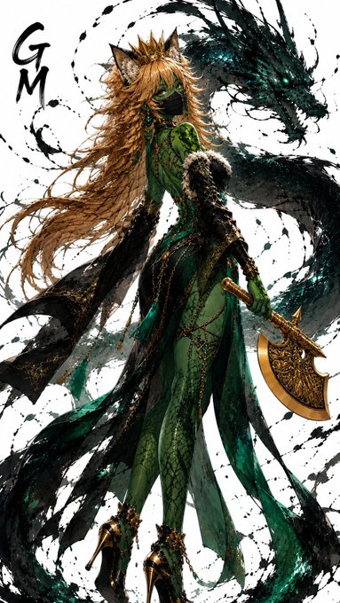 Digital artwork of an anime-style feline warrior with long orange hair, green armor, and a mask, standing beside a large dark dragon and holding a golden axe, signed 'GM'.
