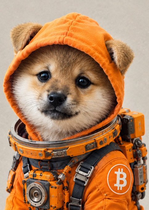 A Pomeranian dog wearing an orange spacesuit-style hood and harness with mechanical details, featuring a Bitcoin (₿) logo on the chest patch.