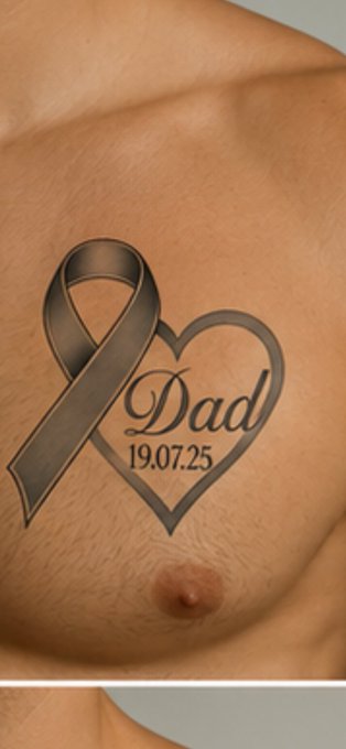 A black memorial tattoo on a man's chest featuring a heart, awareness ribbon, and the text 'Dad 19.07.25'.