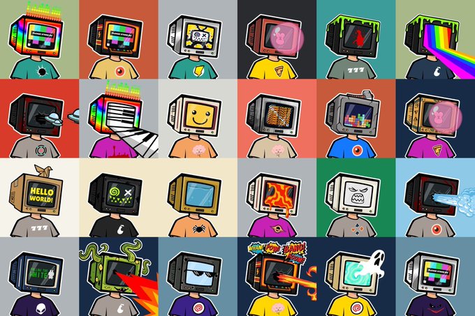 A grid of 24 colorful pixel-art characters, each featuring a human figure with a unique vintage television set or monitor for a head displaying various designs like smiley faces, rainbows, flames, and text like "HELLO WORLD!".