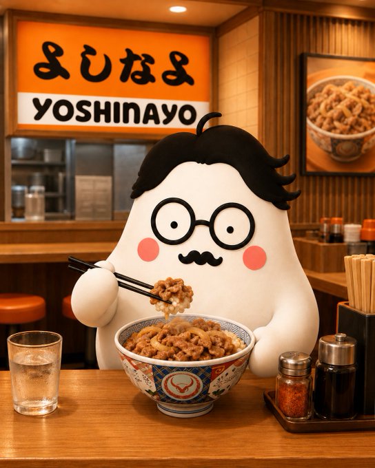 An animated character with round glasses and a mustache eating beef rice at a restaurant with a 'YOSHINAYO' sign displayed in the background.