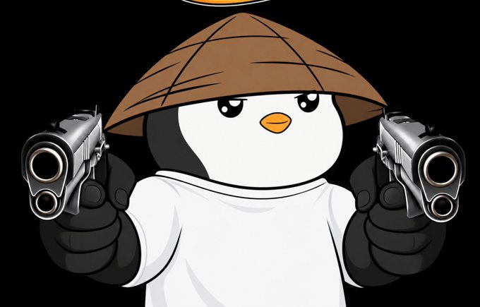 A cartoon penguin wearing a conical Asian hat and holding two silver handguns pointed at the viewer against a black background.