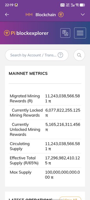 A screenshot of the Pi blockchainexplorer mobile app showing Mainnet Metrics at 22:19, including Migrated Mining Rewards of 11,243,038,566.58 π, Currently Locked Mining Rewards of 6,077,822,255.125 π, and Max Supply of 100,000,000,000 π.