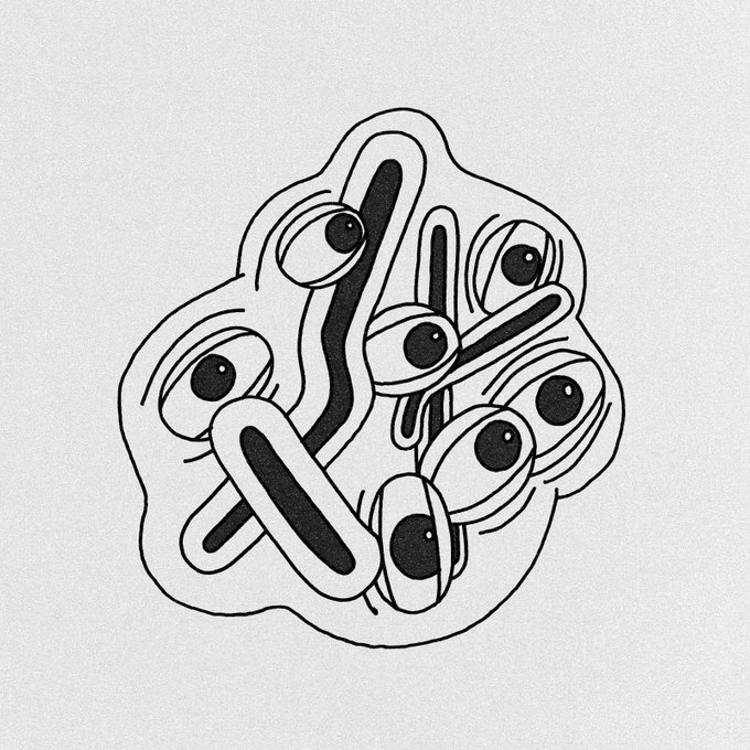 A black and white abstract illustration featuring various eye-like shapes and curved, pill-like forms clustered together on a light background.