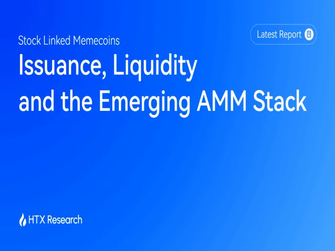 A blue HTX Research report titled 'Stock Linked Memecoins: Issuance, Liquidity and the Emerging AMM Stack' marked as the 'Latest Report'.