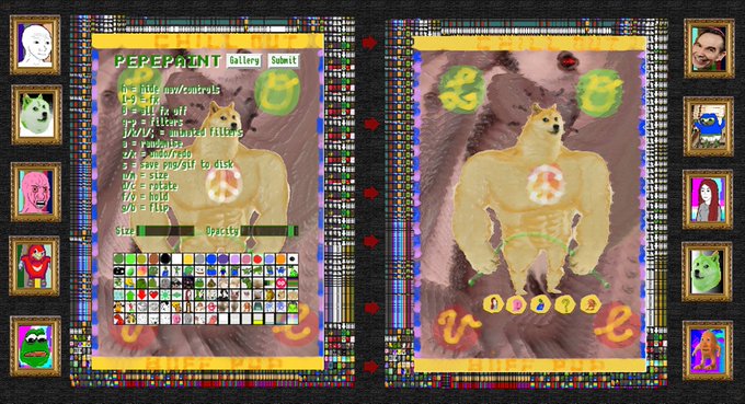A pixel-art style interface showing a 'PEPEPAINT' drawing application with a muscular dog figure being created, flanked by vertical columns of small avatar portraits.