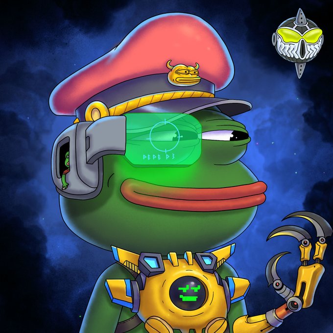 The image features a cartoon frog wearing a red hat, which has a green visor that displays the numbers "3" and "7". The frog also wears a yellow helmet with a silver emblem. In front of the frog's face, there is a robot with a yellow head and arms holding a sword in its right hand. The background shows a dark blue sky filled with stars. The caption to the image reads: "Ehhh ok I just found one of the best @PepeExplorers with combined trait of: MechaKev and Titanium Slash Hands This is one badass captain."