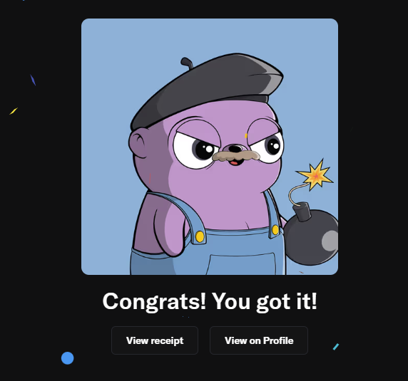 The image features a cartoon character wearing blue overalls, holding a bomb with a smile on his face. The text "Congratulations! You got it!" is displayed at the bottom of the image, indicating that someone has achieved something or accomplished a goal related to the character in the picture.