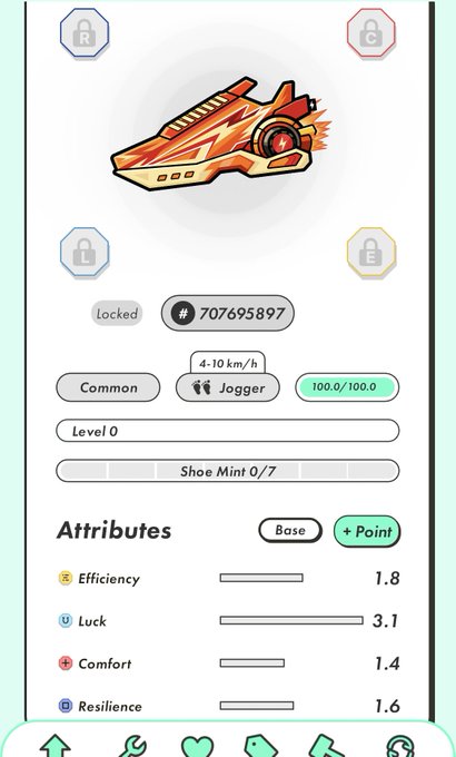 NFT sneaker collection interface showing a locked 'Lightning' sneaker with ID #707695897, classified as 'Common/Jogger' for 4-10 km/h, displaying attributes like Efficiency, Luck, Comfort, and Resilience.