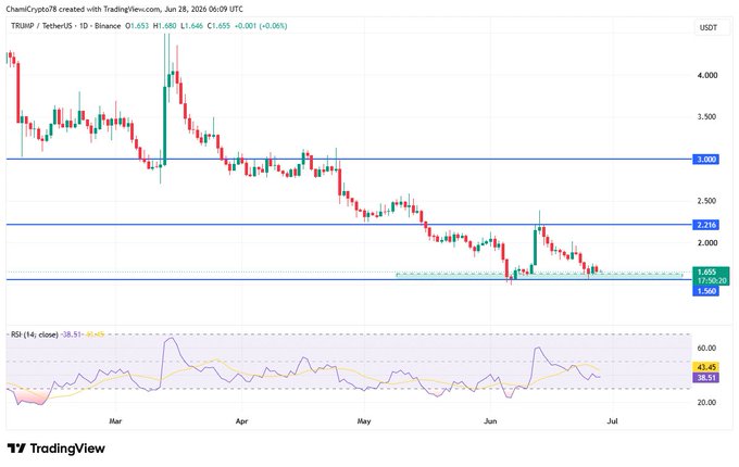 The image shows a TradingView daily candlestick chart for TRUMP/USDT on Binance, with the price currently at 1.655 USDT, down 0.06%, hovering near a key support level marked at 1.565, with horizontal resistance lines at 2.216 and 3.099, and an RSI of 38.51 indicating bearish momentum. The chart visually supports the post's claim about $1.56 being a critical support level for TRUMP, which remains under significant downward pressure on the daily timeframe.