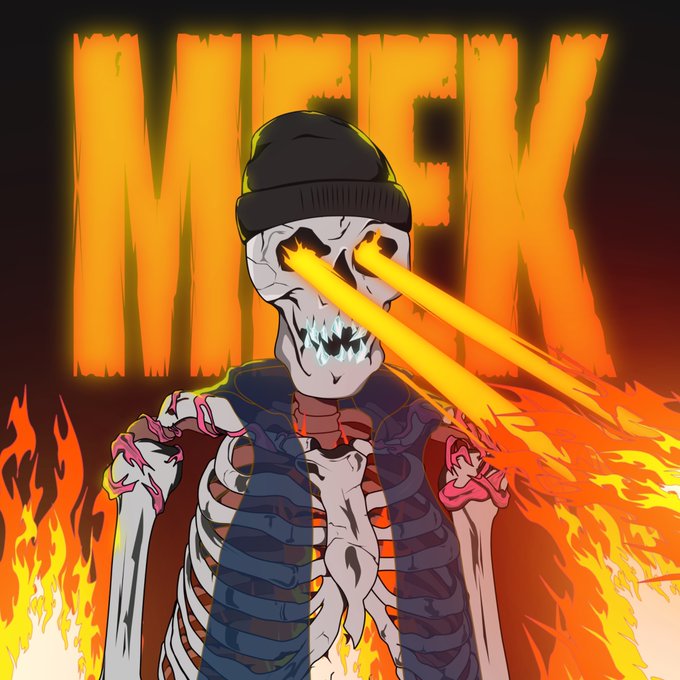 A stylized digital illustration depicts a skeleton character wearing a black beanie and a vest, shooting yellow laser beams from its glowing eyes, with the word "MOCK" displayed in fiery orange letters in the background.